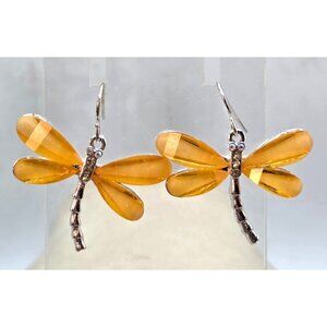 Dragonfly Earrings Yellow Orange Wings With Silver Tone